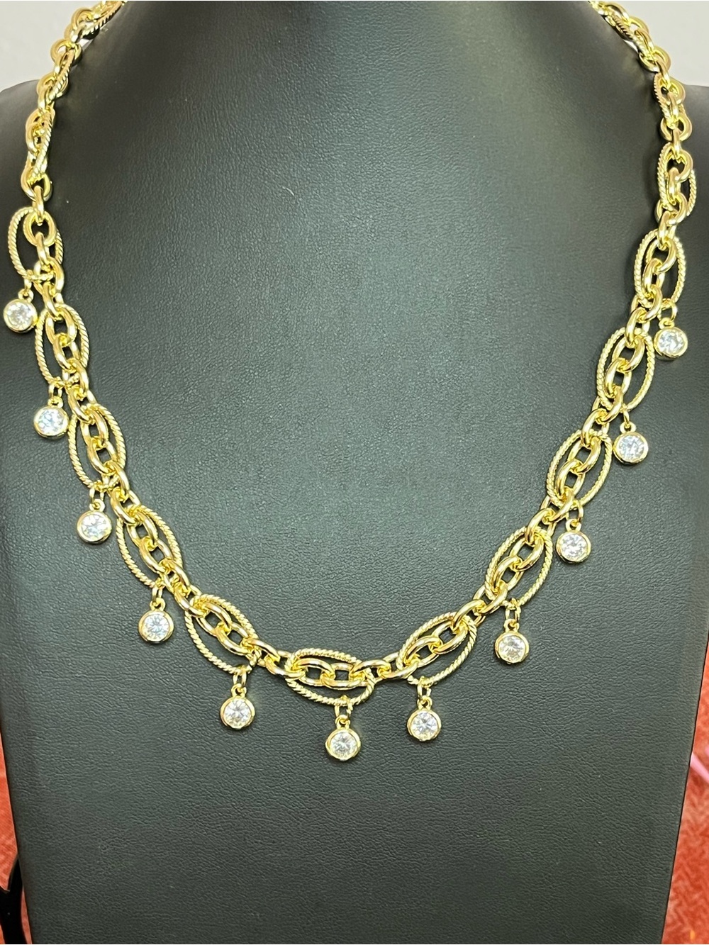 Gold Mixed Link Necklace w/ Crystal Droplets 16-18” of Fresh Feminine Style!
